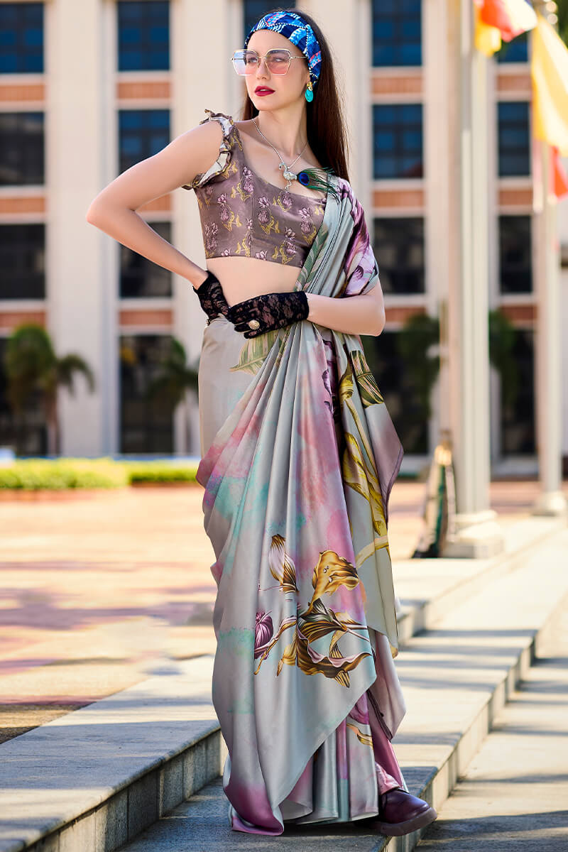 Flamboyant Grey Digital Printed Satin Silk Saree With Twirling Blouse Piece