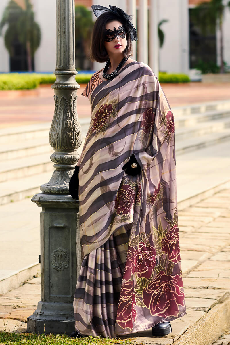 Splendorous Black and Beige Digital Printed Satin Silk Saree With Resplendent Blouse Piece