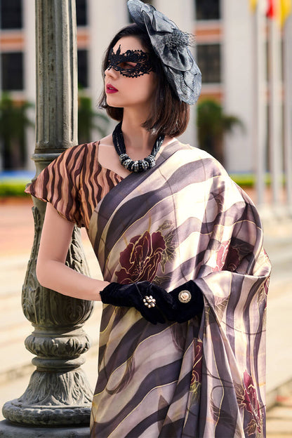 Splendorous Black and Beige Digital Printed Satin Silk Saree With Resplendent Blouse Piece