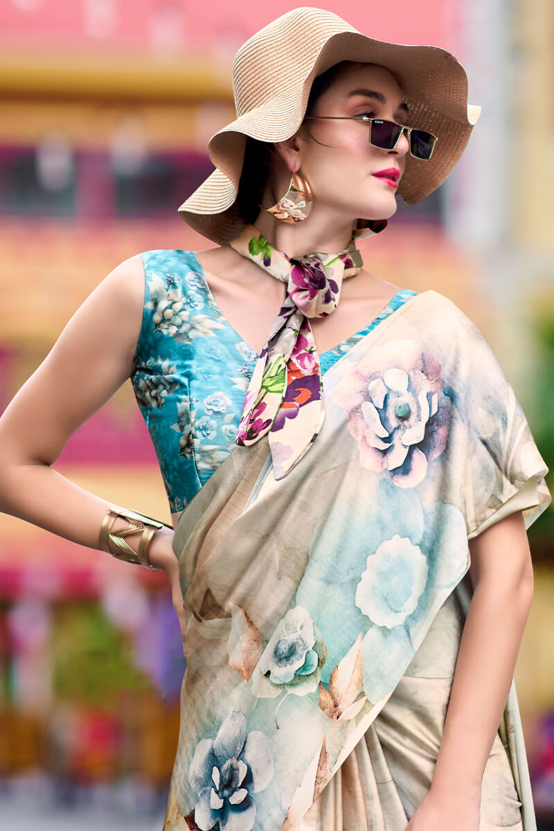 Enamoring Beige Digital Printed Satin Silk Saree With Resonant Blouse Piece