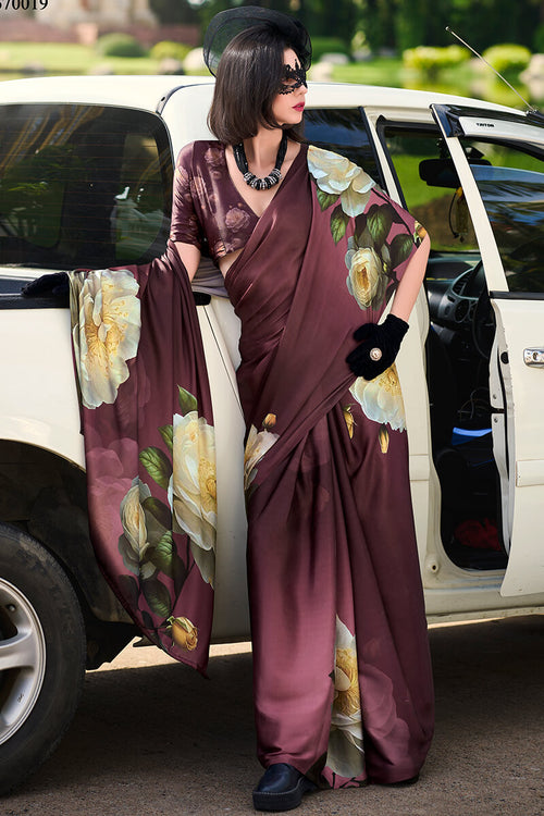 Load image into Gallery viewer, Elegant Brown Digital Printed Satin Silk Saree With Sophisticated Blouse Piece
