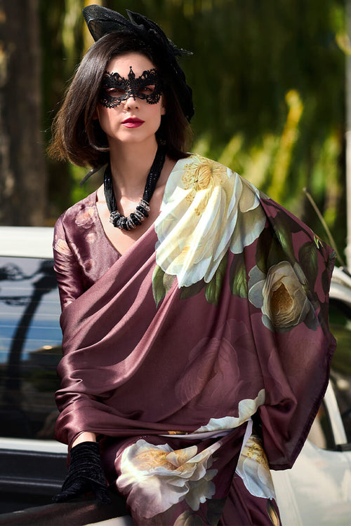 Load image into Gallery viewer, Elegant Brown Digital Printed Satin Silk Saree With Sophisticated Blouse Piece
