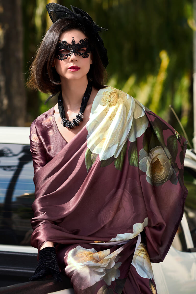 Elegant Brown Digital Printed Satin Silk Saree With Sophisticated Blouse Piece