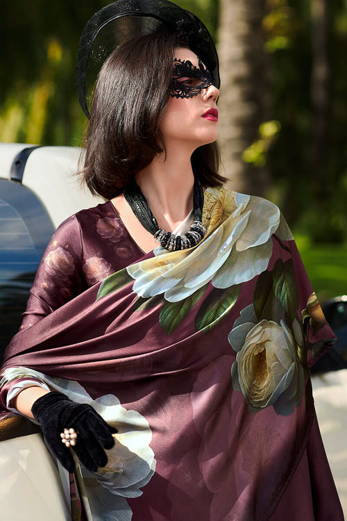 Load image into Gallery viewer, Elegant Brown Digital Printed Satin Silk Saree With Sophisticated Blouse Piece
