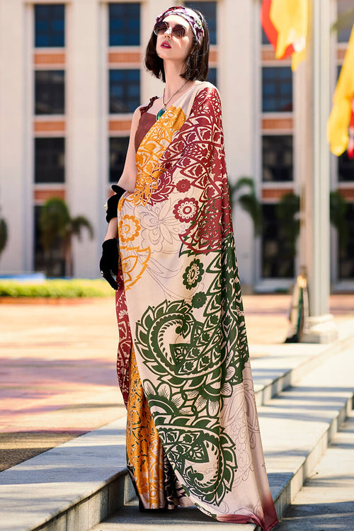 Load image into Gallery viewer, Energetic Beige Digital Printed Satin Silk Saree With Skinny Blouse Piece
