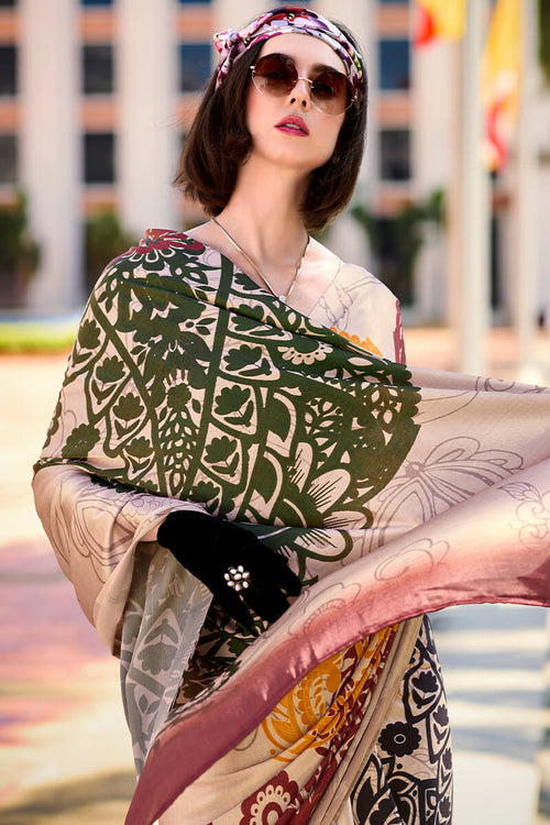 Load image into Gallery viewer, Energetic Beige Digital Printed Satin Silk Saree With Skinny Blouse Piece
