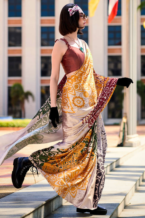 Load image into Gallery viewer, Energetic Beige Digital Printed Satin Silk Saree With Skinny Blouse Piece
