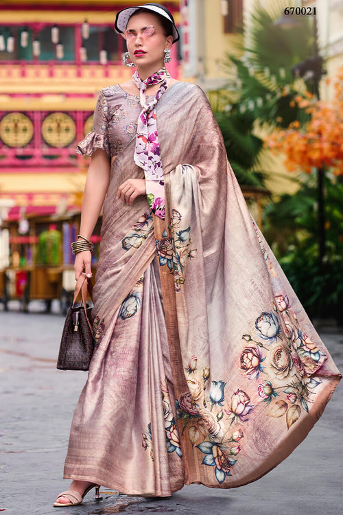 Load image into Gallery viewer, Charming Dark Beige Digital Printed Satin Silk Saree With Smart Blouse Piece
