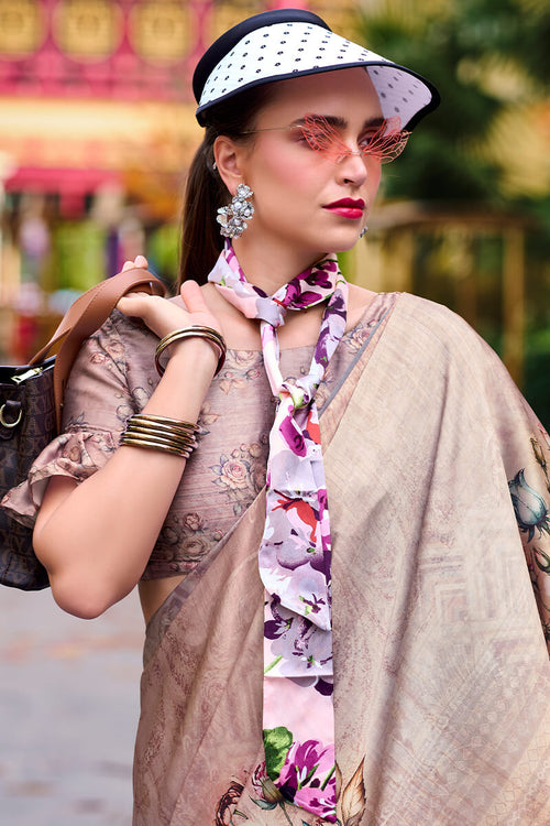 Load image into Gallery viewer, Charming Dark Beige Digital Printed Satin Silk Saree With Smart Blouse Piece
