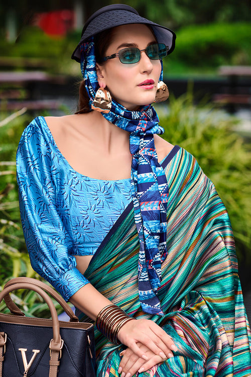 Load image into Gallery viewer, Glorious Rama Digital Printed Satin Silk Saree With Entrancing Blouse Piece
