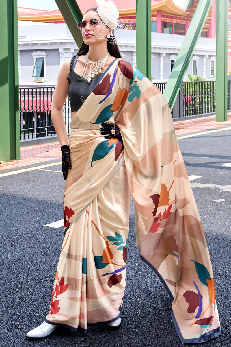 Excellent Beige Digital Printed Satin Silk Saree With Effervescent Blouse Piece