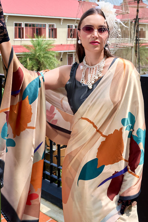 Load image into Gallery viewer, Excellent Beige Digital Printed Satin Silk Saree With Effervescent Blouse Piece
