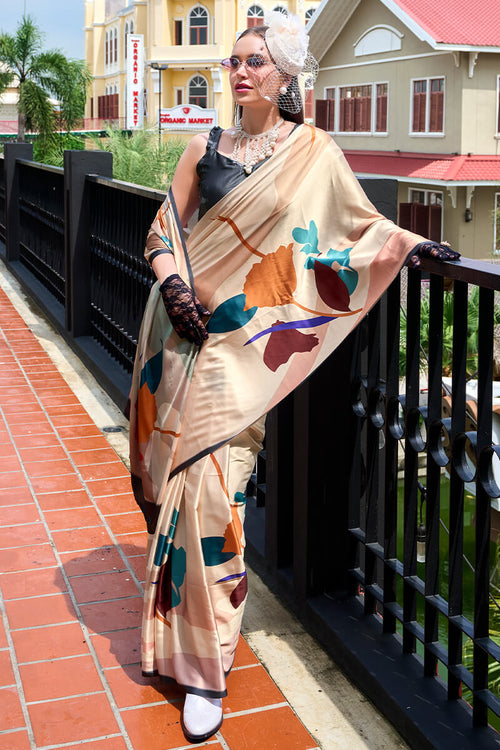 Load image into Gallery viewer, Excellent Beige Digital Printed Satin Silk Saree With Effervescent Blouse Piece
