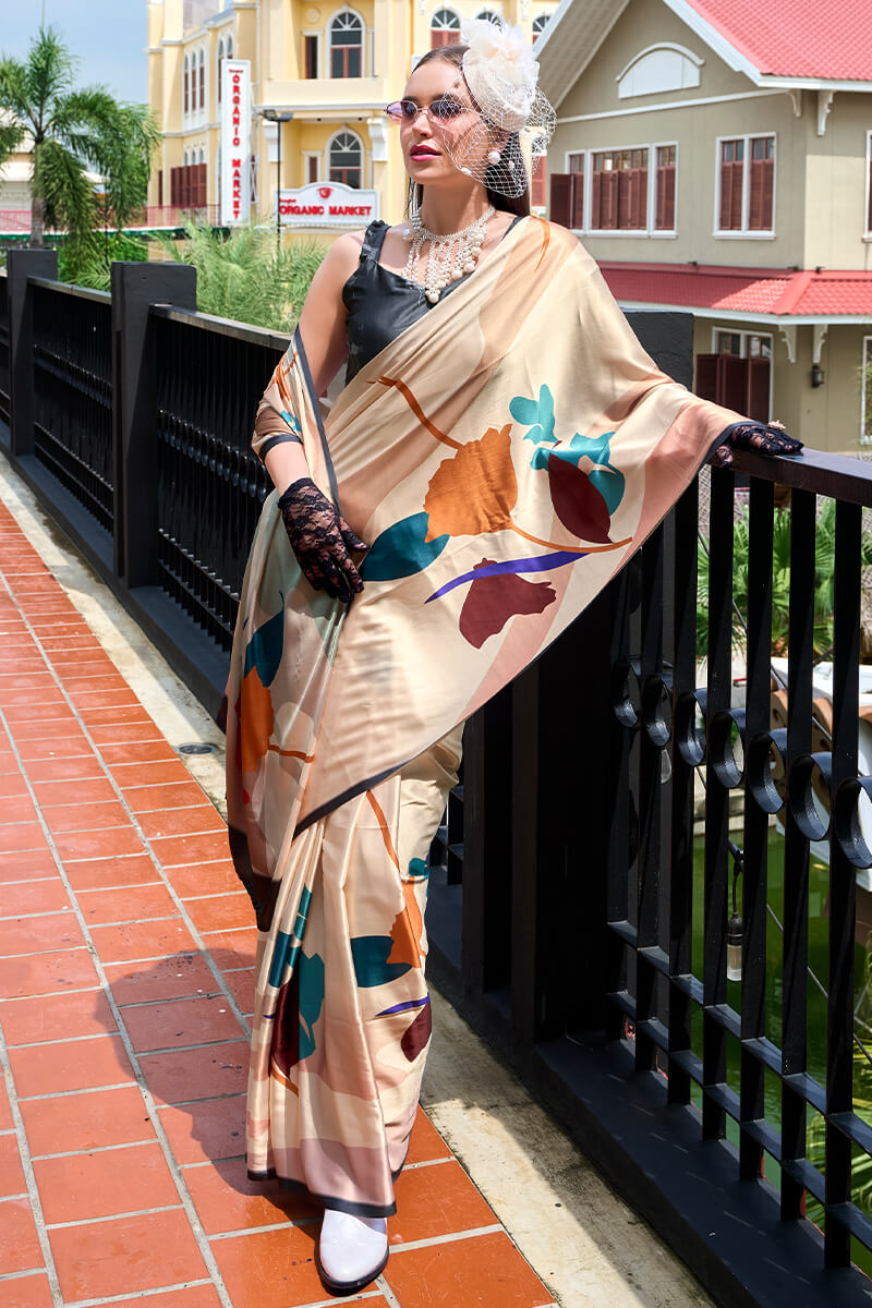 Excellent Beige Digital Printed Satin Silk Saree With Effervescent Blouse Piece