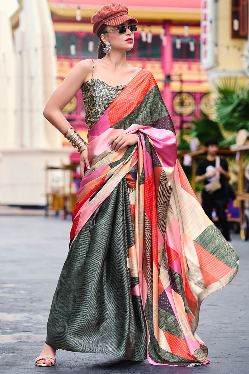 Palimpsest Grey Digital Printed Satin Silk Saree With Delectable Blouse Piece