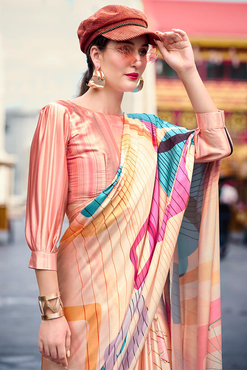 Load image into Gallery viewer, Gratifying Beige Digital Printed Satin Silk Saree With Snappy Blouse Piece
