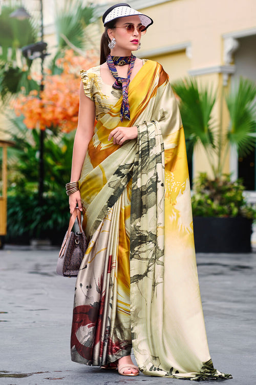 Load image into Gallery viewer, Glittering Beige and Yellow Digital Printed Satin Silk Saree With Charismatic Blouse Piece
