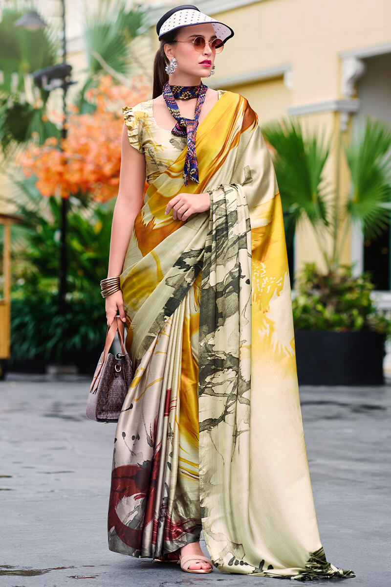 Glittering Beige and Yellow Digital Printed Satin Silk Saree With Charismatic Blouse Piece