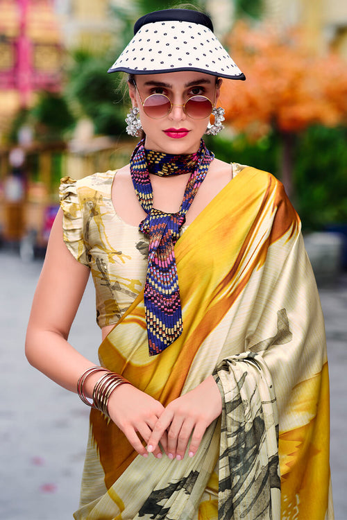 Load image into Gallery viewer, Glittering Beige and Yellow Digital Printed Satin Silk Saree With Charismatic Blouse Piece
