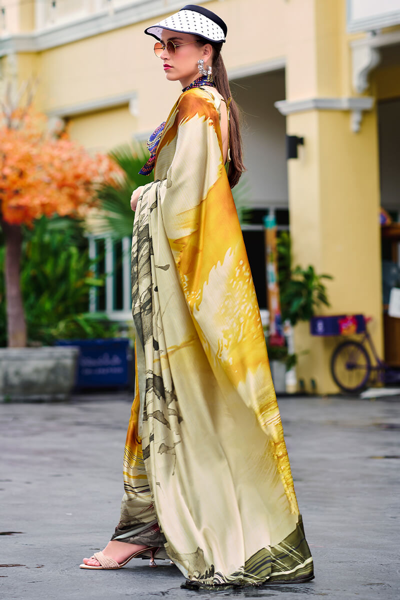 Glittering Beige and Yellow Digital Printed Satin Silk Saree With Charismatic Blouse Piece