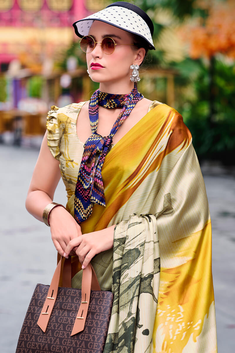 Glittering Beige and Yellow Digital Printed Satin Silk Saree With Charismatic Blouse Piece