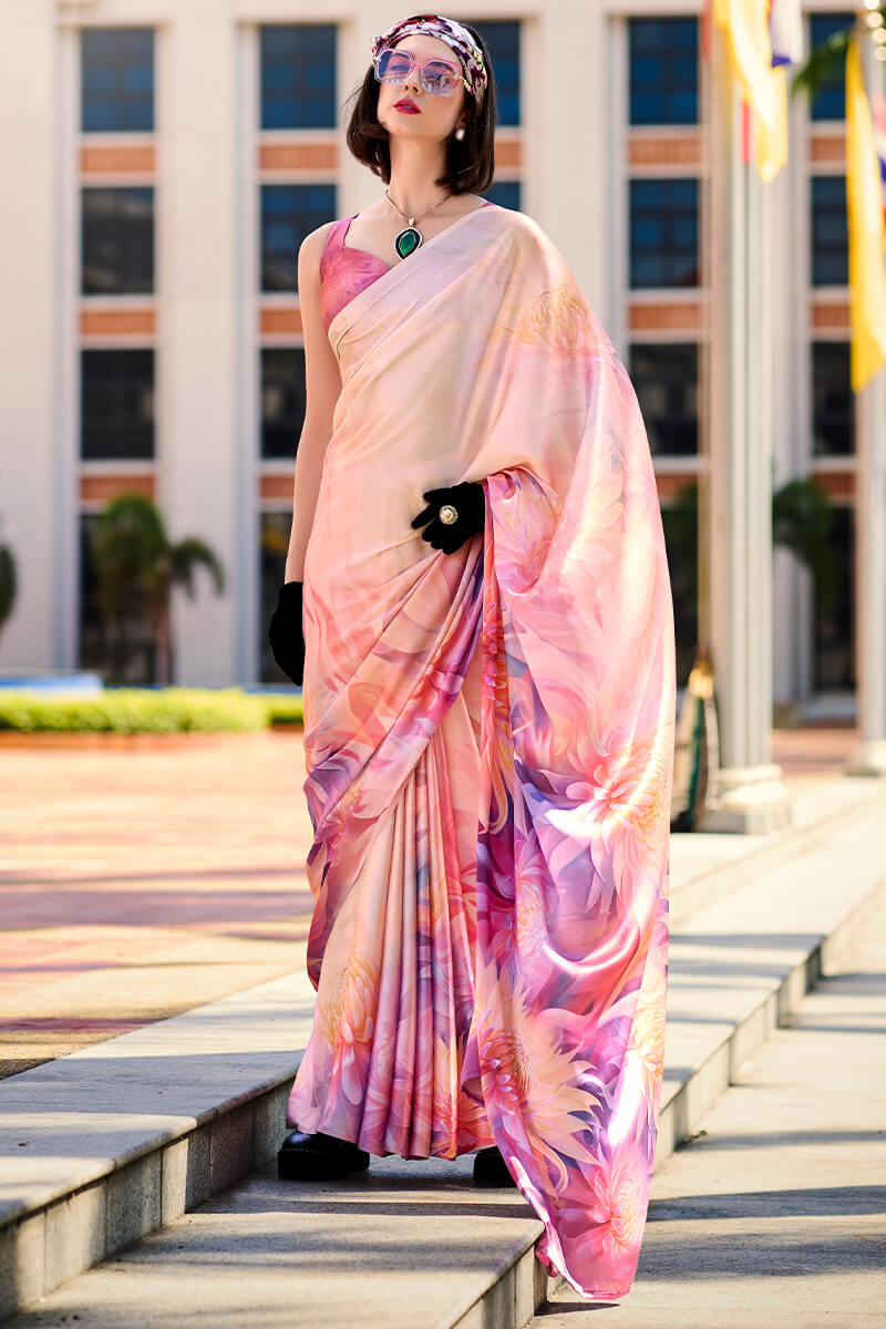 Magnificat Baby Pink Digital Printed Satin Silk Saree With Incredible Blouse Piece