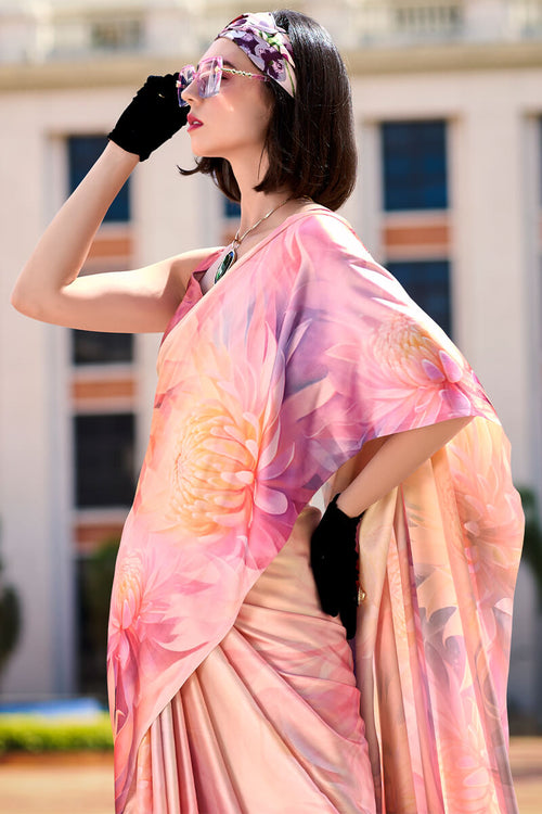 Load image into Gallery viewer, Magnificat Baby Pink Digital Printed Satin Silk Saree With Incredible Blouse Piece
