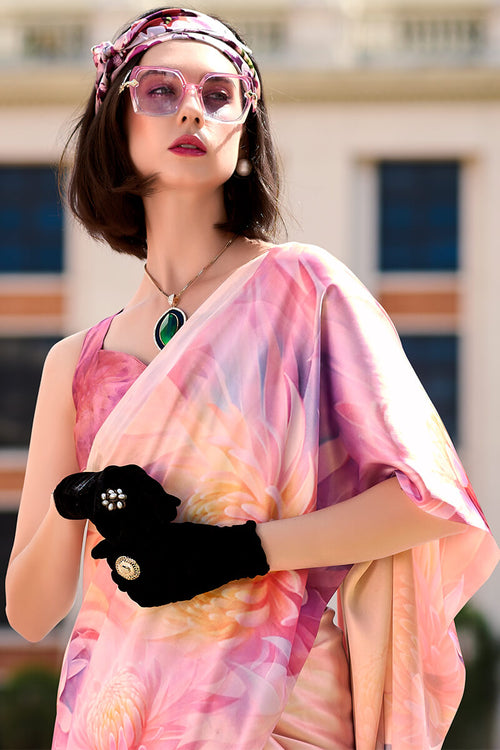 Load image into Gallery viewer, Magnificat Baby Pink Digital Printed Satin Silk Saree With Incredible Blouse Piece
