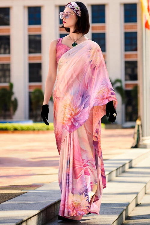 Load image into Gallery viewer, Magnificat Baby Pink Digital Printed Satin Silk Saree With Incredible Blouse Piece
