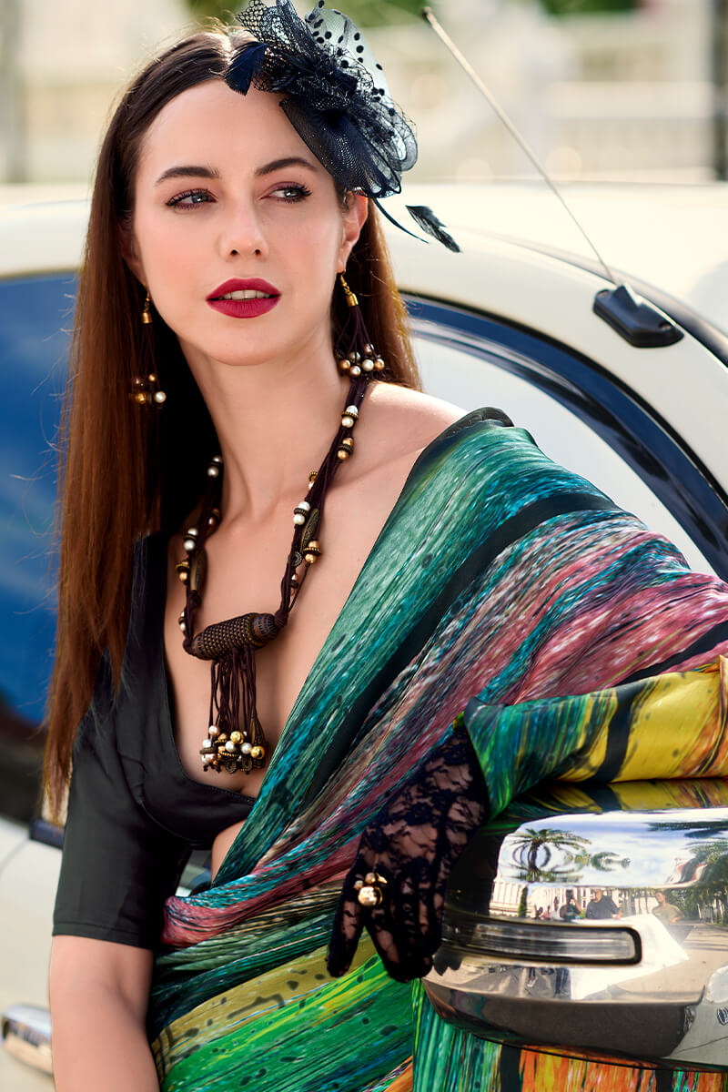 Marvellous Dark Green Digital Printed Satin Silk Saree With Flaunt Blouse Piece