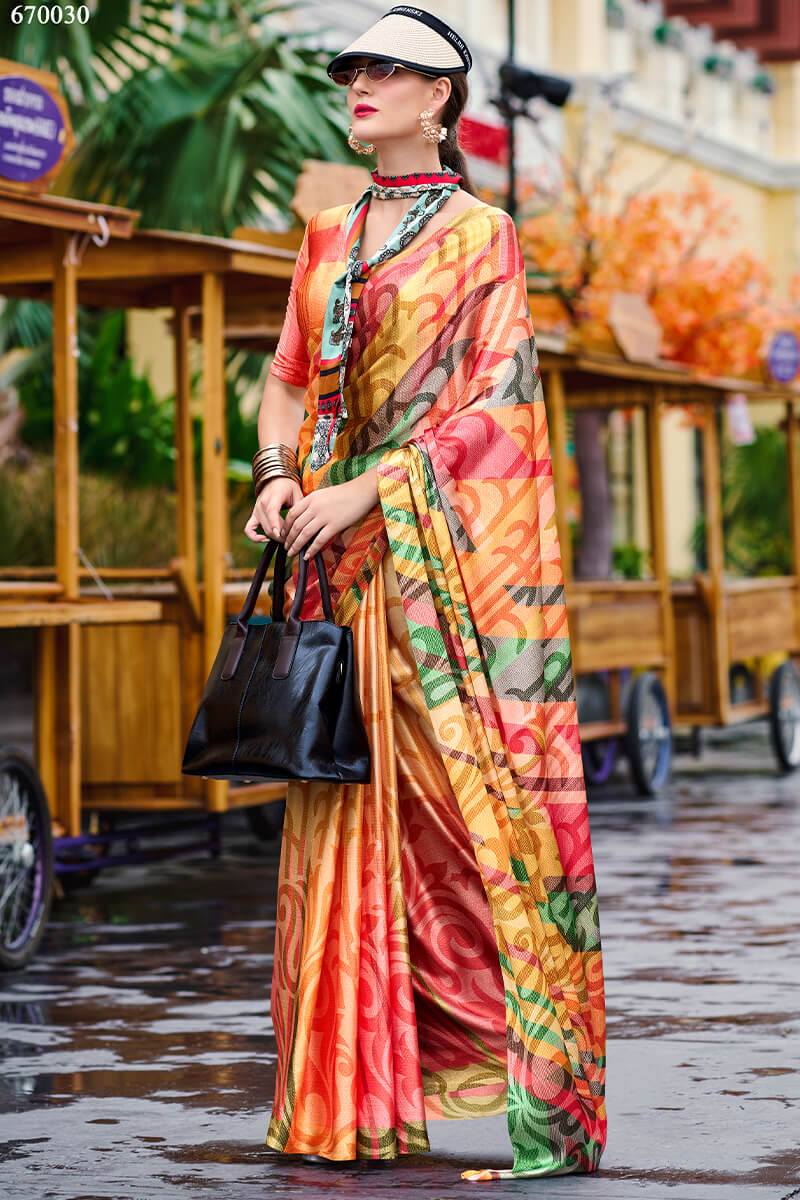 Desiring Multicolor Digital Printed Satin Silk Saree With Desiring Blouse Piece