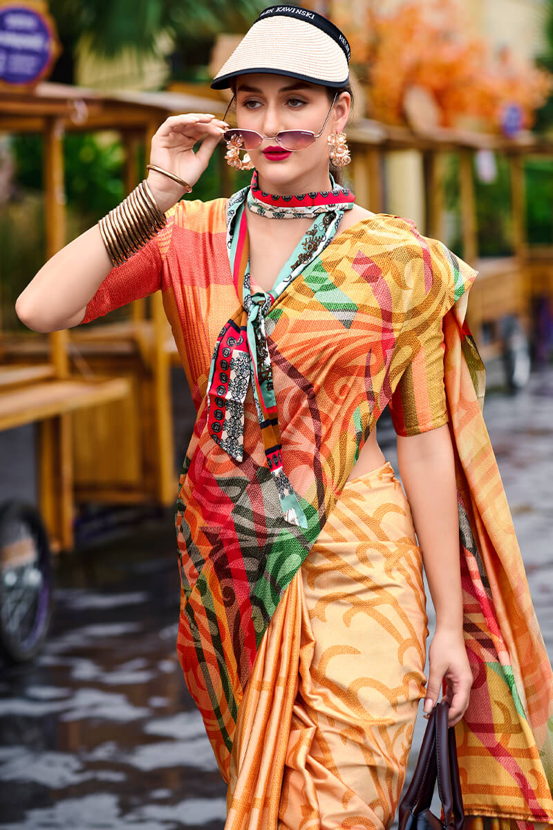 Desiring Multicolor Digital Printed Satin Silk Saree With Desiring Blouse Piece
