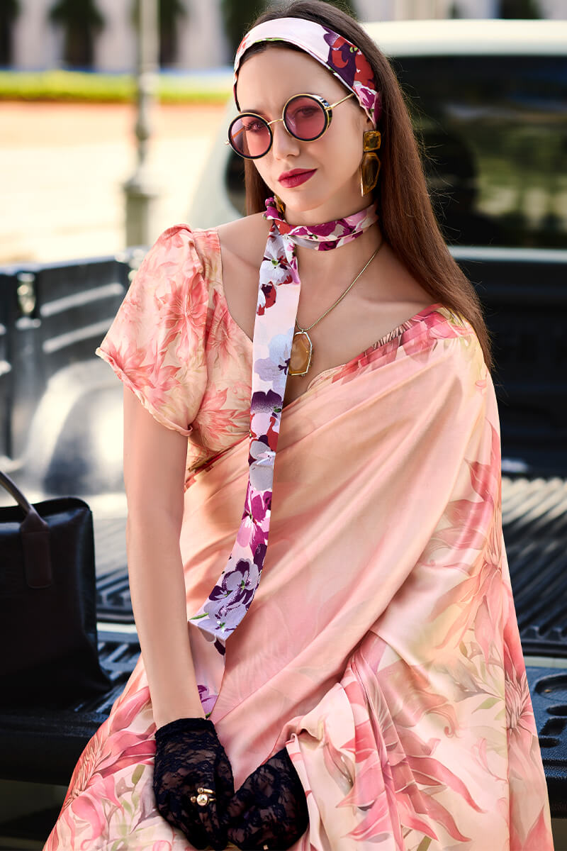 Brood Baby Pink Digital Printed Satin Silk Saree With Dissemble Blouse Piece