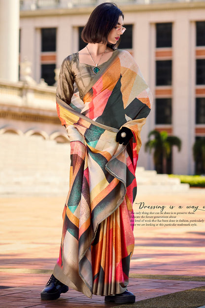Pleasurable Multicolor Digital Printed Satin Silk Saree With Amiable Blouse Piece