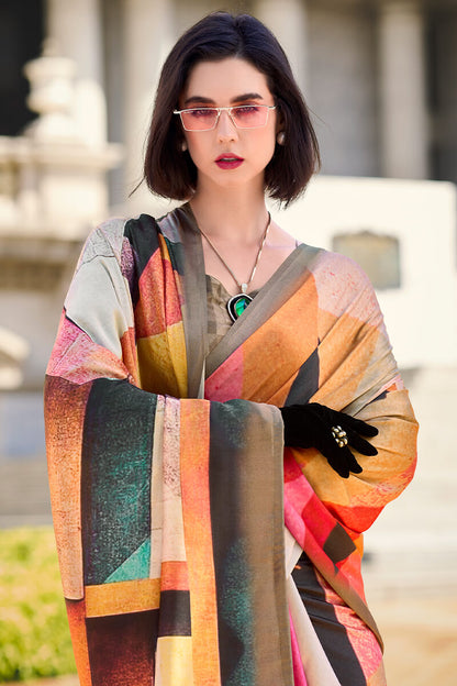 Pleasurable Multicolor Digital Printed Satin Silk Saree With Amiable Blouse Piece