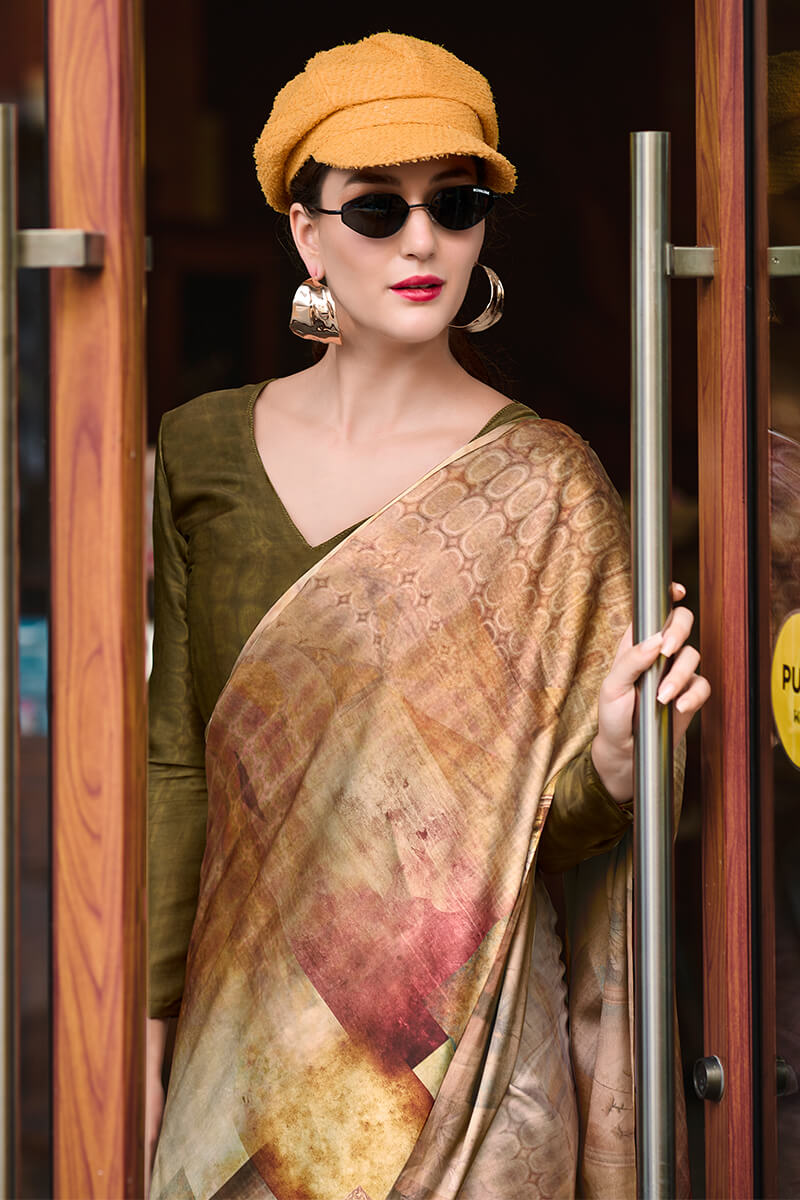 Profuse Beige and Brown Digital Printed Satin Silk Saree With Elaborate Blouse Piece