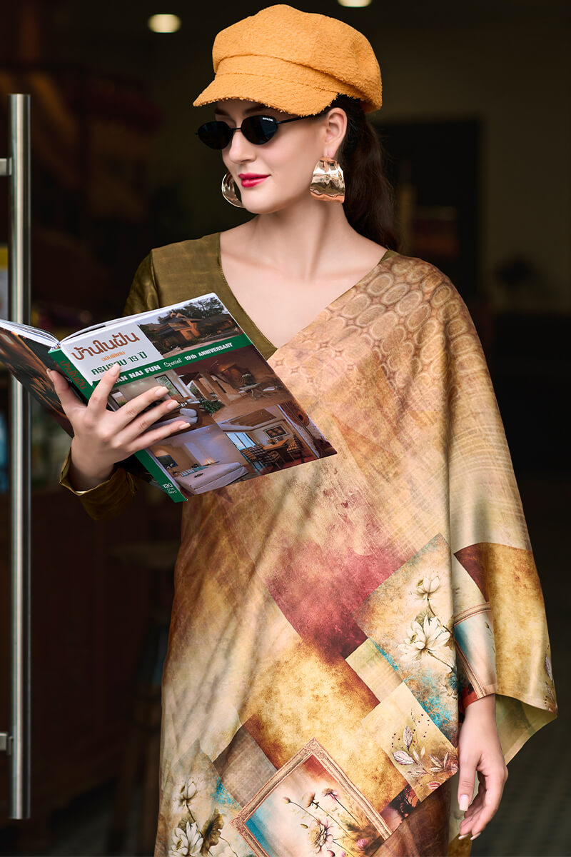 Profuse Beige and Brown Digital Printed Satin Silk Saree With Elaborate Blouse Piece