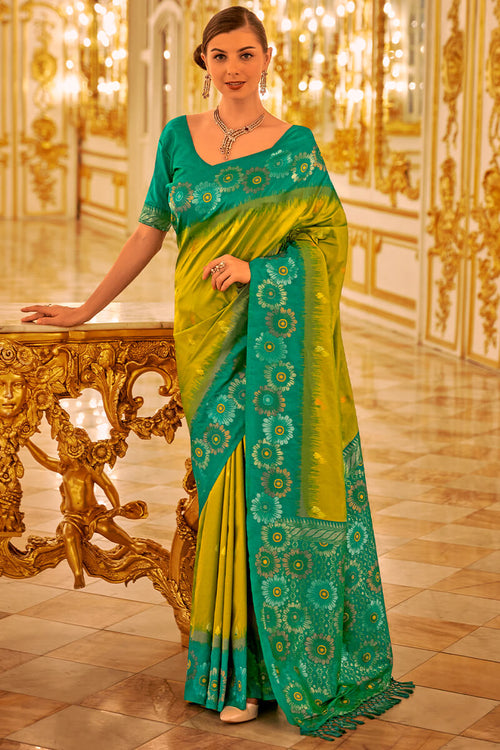 Load image into Gallery viewer, Blissful Mehndi Soft Banarasi Silk Saree With Desiring Blouse Piece
