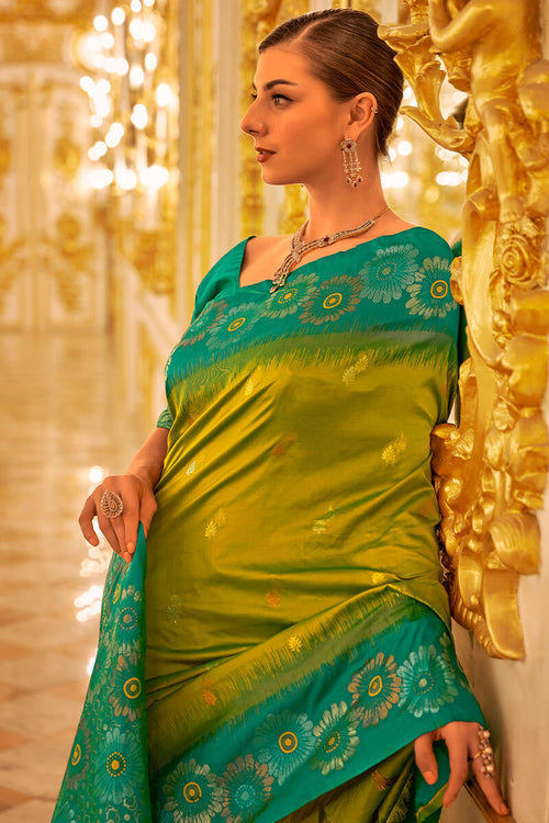 Load image into Gallery viewer, Blissful Mehndi Soft Banarasi Silk Saree With Desiring Blouse Piece
