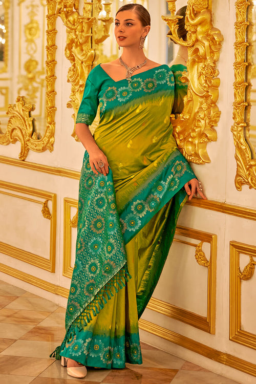 Load image into Gallery viewer, Blissful Mehndi Soft Banarasi Silk Saree With Desiring Blouse Piece
