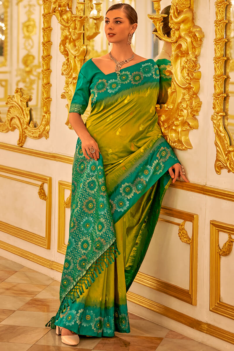 Blissful Mehndi Soft Banarasi Silk Saree With Desiring Blouse Piece