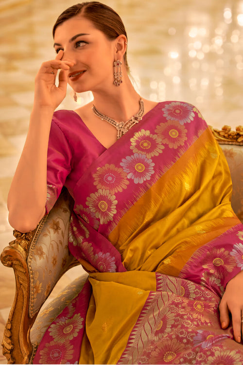 Load image into Gallery viewer, Prettiest Yellow Soft Banarasi Silk Saree With Ailurophile Blouse Piece
