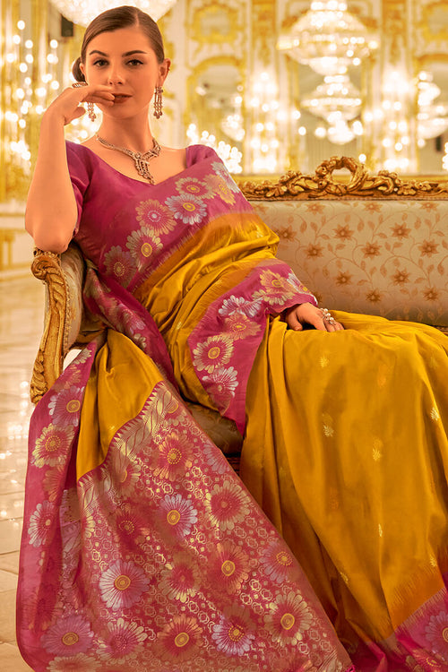 Load image into Gallery viewer, Prettiest Yellow Soft Banarasi Silk Saree With Ailurophile Blouse Piece
