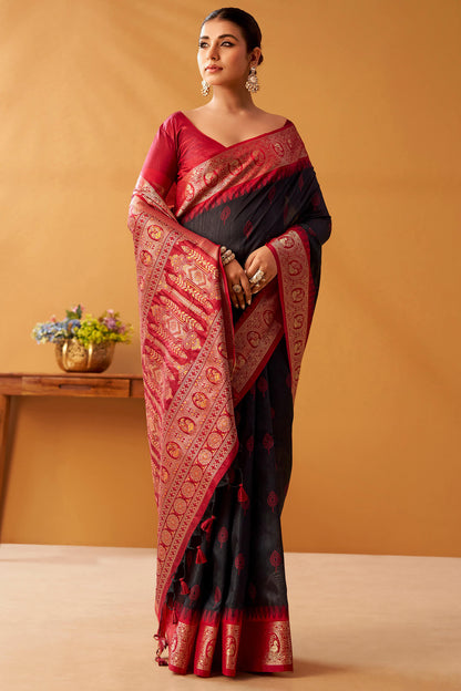 Comely Black Pure Zari Weaving Banarasi Silk Saree With Charming Blouse Piece