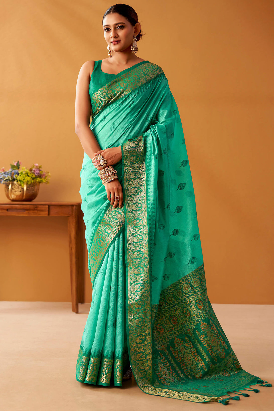 Deserving Turquoise Pure Zari Weaving Banarasi Silk Saree With Forbearance Blouse Piece