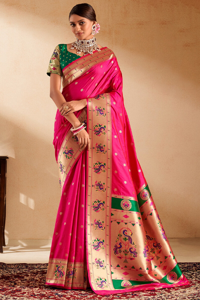 Capricious Dark Pink Paithani Silk Saree With Opulent Blouse Piece
