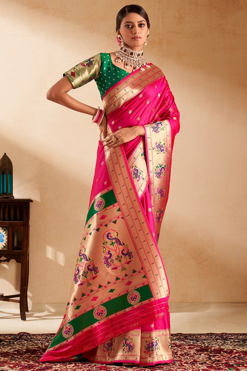 Load image into Gallery viewer, Capricious Dark Pink Paithani Silk Saree With Opulent Blouse Piece

