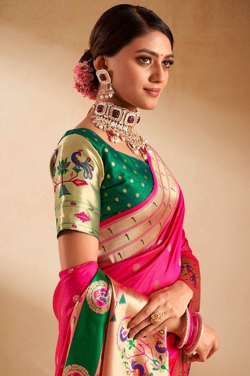 Load image into Gallery viewer, Capricious Dark Pink Paithani Silk Saree With Opulent Blouse Piece
