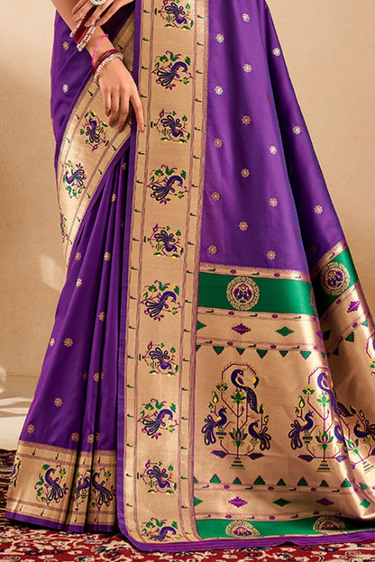 Ebullience Royal Purple Paithani Silk Saree With Dazzling Blouse Piece