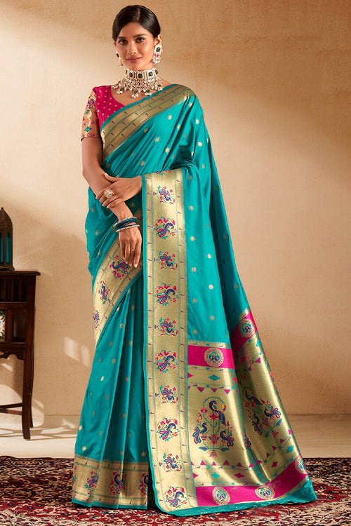 Load image into Gallery viewer, Embrocation Firozi Paithani Silk Saree With Demanding Blouse Piece
